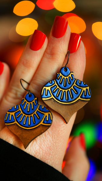 Blue & Gold Art Deco Teardrop Ornament Earrings