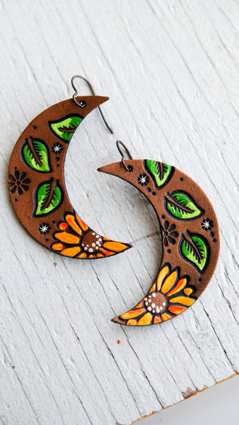Sunflower & Leaves Crescent earrings