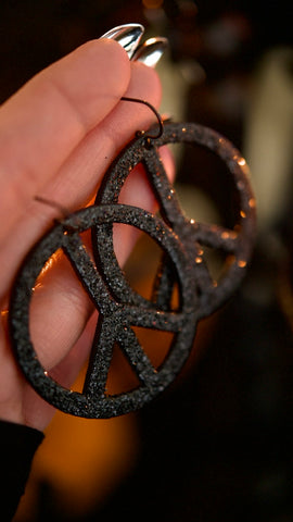 PREORDER Black Crystal Glitter Peace Sign Earrings