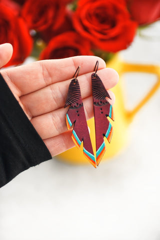 Plum Red Firebird leather earrings